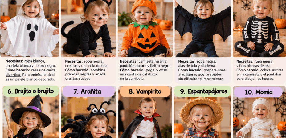 10 disfraces fáciles de Halloween para niños y niñas de 0 a 3 años: fantasma, gatito negro, calabaza, murciélago, esqueleto, bruja, araña, vampiro, espantapájaros y momia.