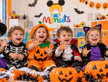 Niños y niñas de la Escuela Infantil Menuts de Massanassa celebran Halloween con disfraces infantiles de brujas, esqueletos, calabazas, vampiros, gatos y fantasmas en un aula decorada con motivos terroríficos y divertidos.