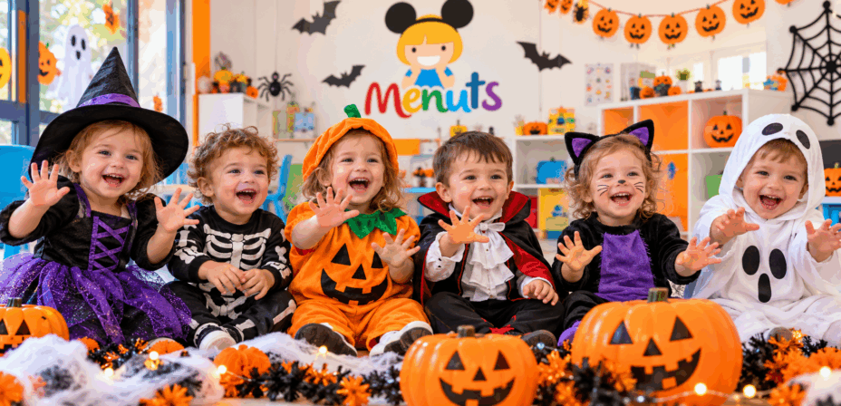 Niños y niñas de la Escuela Infantil Menuts de Massanassa celebran Halloween con disfraces infantiles de brujas, esqueletos, calabazas, vampiros, gatos y fantasmas en un aula decorada con motivos terroríficos y divertidos.