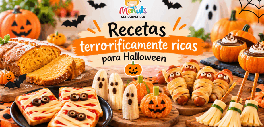 Recetas de Halloween para niños: bizcocho de calabaza, tostadas momia, salchichas terroríficas, fantasmas de plátano y escobas de queso en Menuts Massanassa.